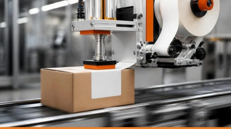 Applicatore automatico che posa un'etichetta su una scatola in movimento sul nastro trasportatore