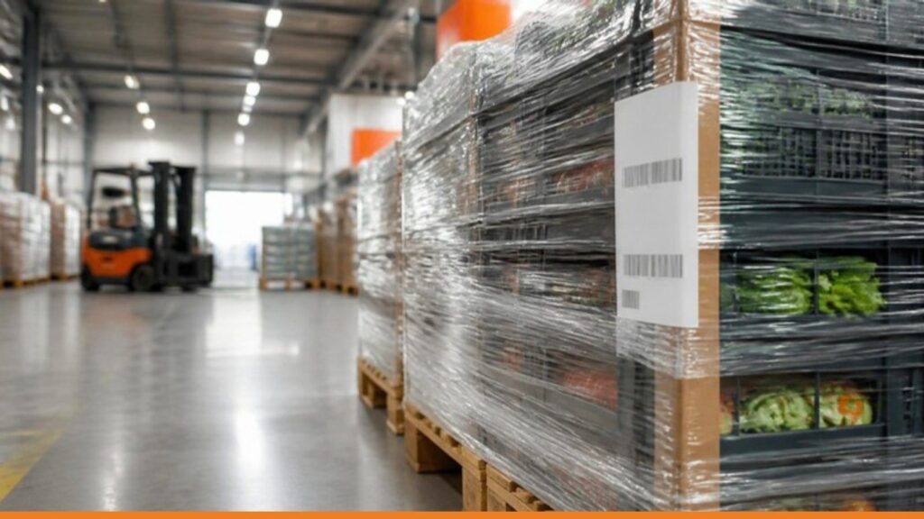 Pallet di prodotti freschi con etichette logistiche e codici a barre in un centro di distribuzione