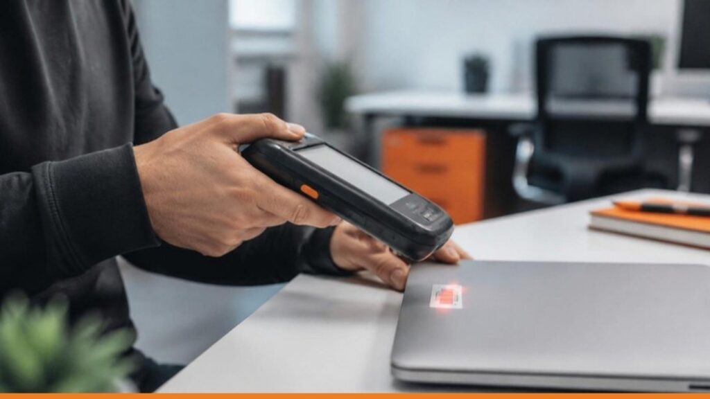 Tecnico che legge l'etichetta cespite applicata su un computer portatile con un terminale mobile