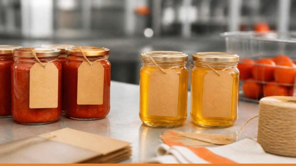 Vasetti di prodotti alimentari artigianali con etichette a collarino in carta kraft