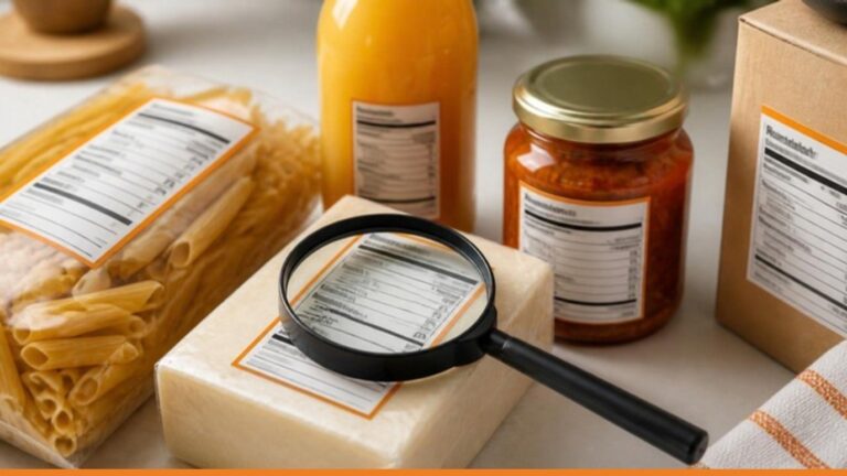 Confezioni di prodotti alimentari con etichette informative e una lente d'ingrandimento