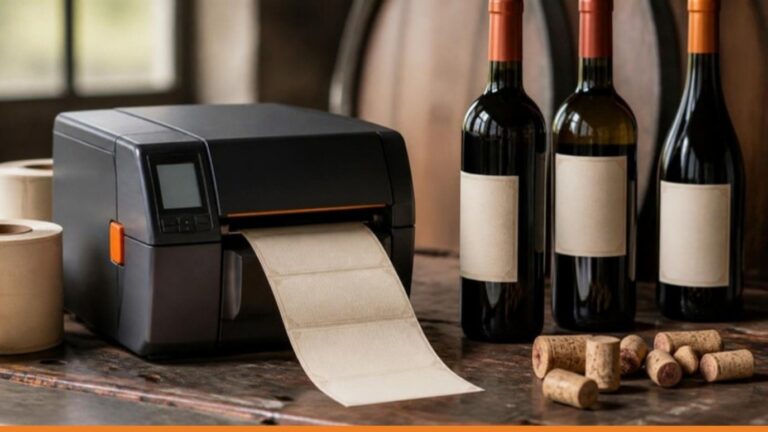 Stampante per etichette su un banco di cantina che stampa etichette per bottiglie di vino