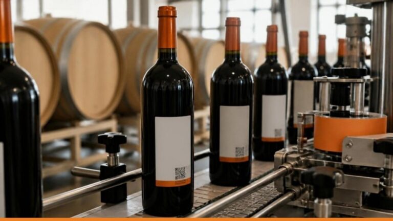 Bottiglie di vino su una linea di imbottigliamento con applicazione della controetichetta con QR code