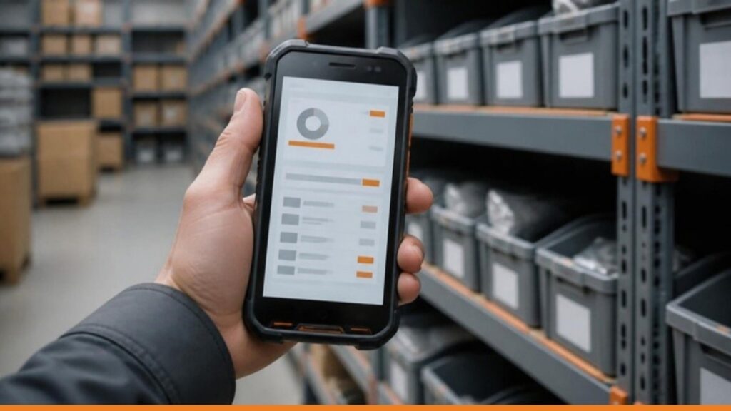 Operatore con terminale Android rugged che esegue un inventario davanti a scaffali di magazzino
