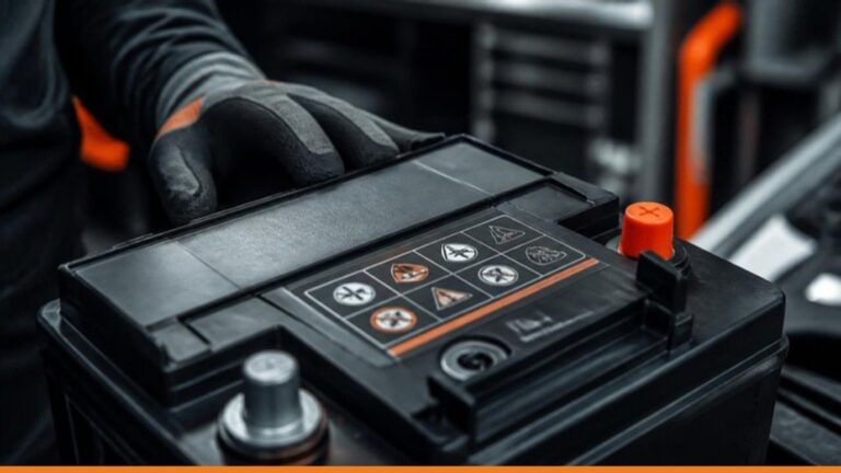 Etichetta tecnica con simboli di sicurezza sulla parte superiore di una batteria auto