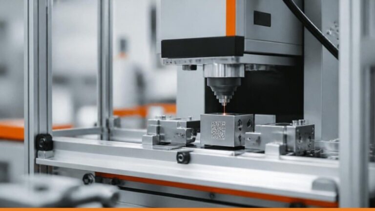 Stazione di marcatura che incide un codice Data Matrix su un componente metallico in linea