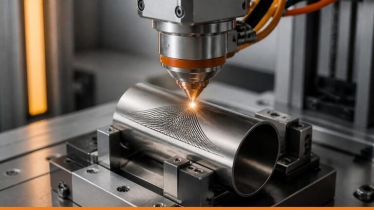Testa di marcatura laser a fibra che incide un componente in acciaio inox