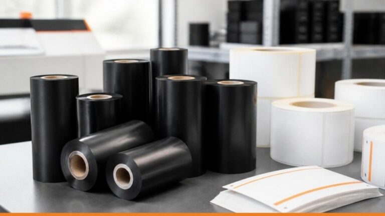 Rotoli di ribbon in cera nera accanto a rotoli di etichette in carta e cartellini prezzo