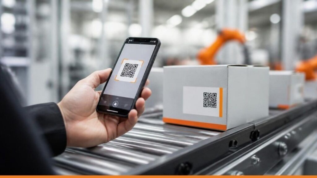 Smartphone che inquadra un QR Code stampato sull'etichetta di una scatola su un nastro trasportatore
