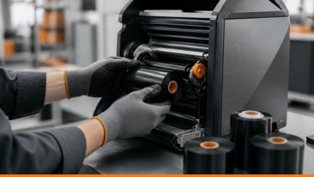 Mani con guanti che caricano un nuovo rotolo di ribbon in una stampante industriale