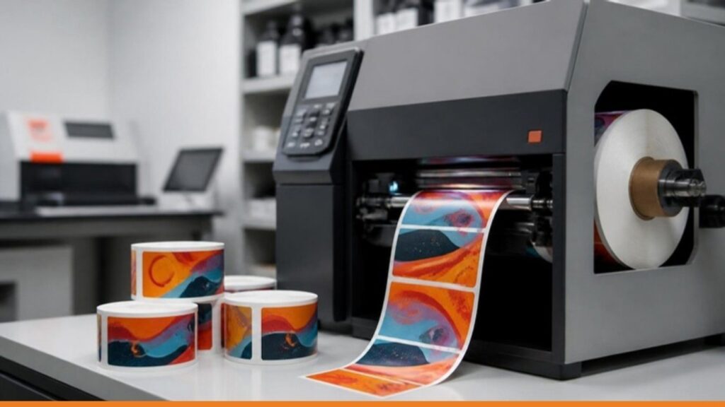 Stampante digitale a colori che produce etichette per prodotti su bobina