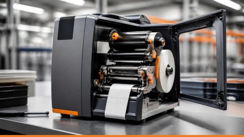 Stampante industriale a trasferimento termico aperta con testina e percorso del ribbon in vista