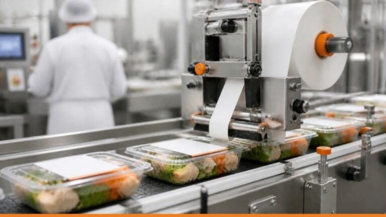 Vaschette di alimenti su un nastro trasportatore con applicazione automatica di etichette